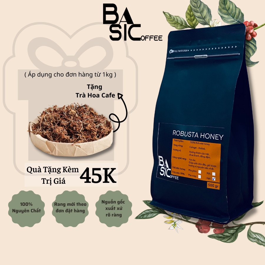 Cà Phê Robusta Honey Nguyên Chất Rang Xay Mộc Bassic Coffee Vị Đắng Đầm Thơm Nồng Cafe Sạch Dak Lak Pha Phin Pha Máy