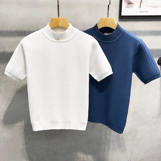 Áo thun dệt kim nam tay ngắn nửa cổ áo len mỏng vừa vặn Áo len nửa tay đáy áo sơ mi mùa thu mặc đường phố phù hợp