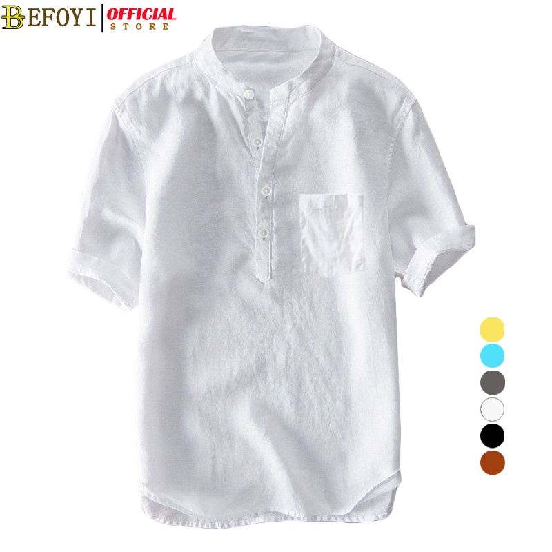 BEFOYI Men's Shirt Short Sleeve Korean Version Loose Casual Button Vertical Tie Pocket Top White Plus Size S-4XL