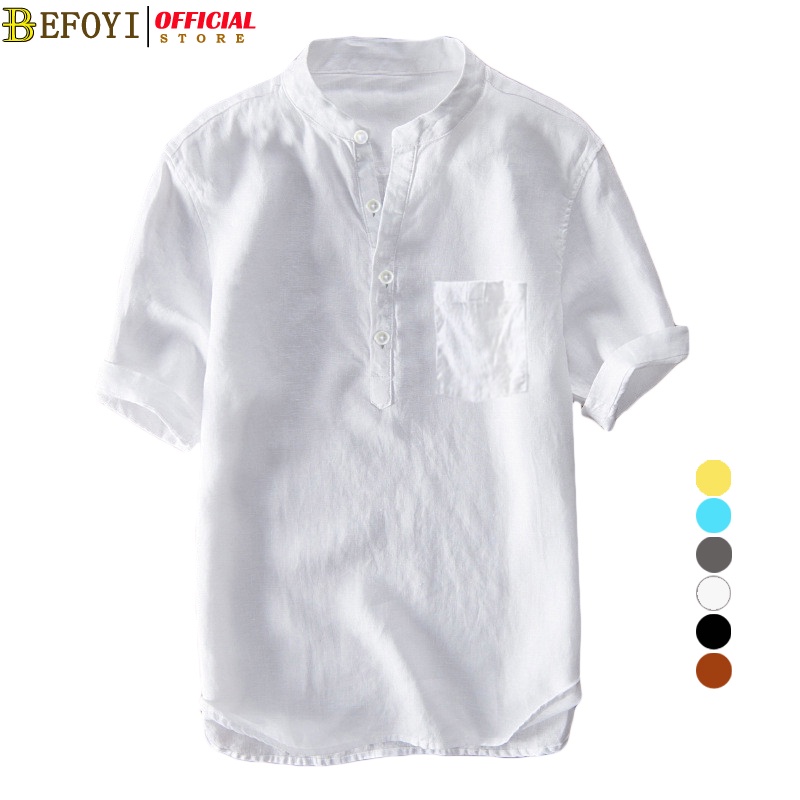 BEFOYI Men's Shirt Short Sleeve Korean Version Loose Casual Button Vertical Tie Pocket Top White Plus Size S-4XL