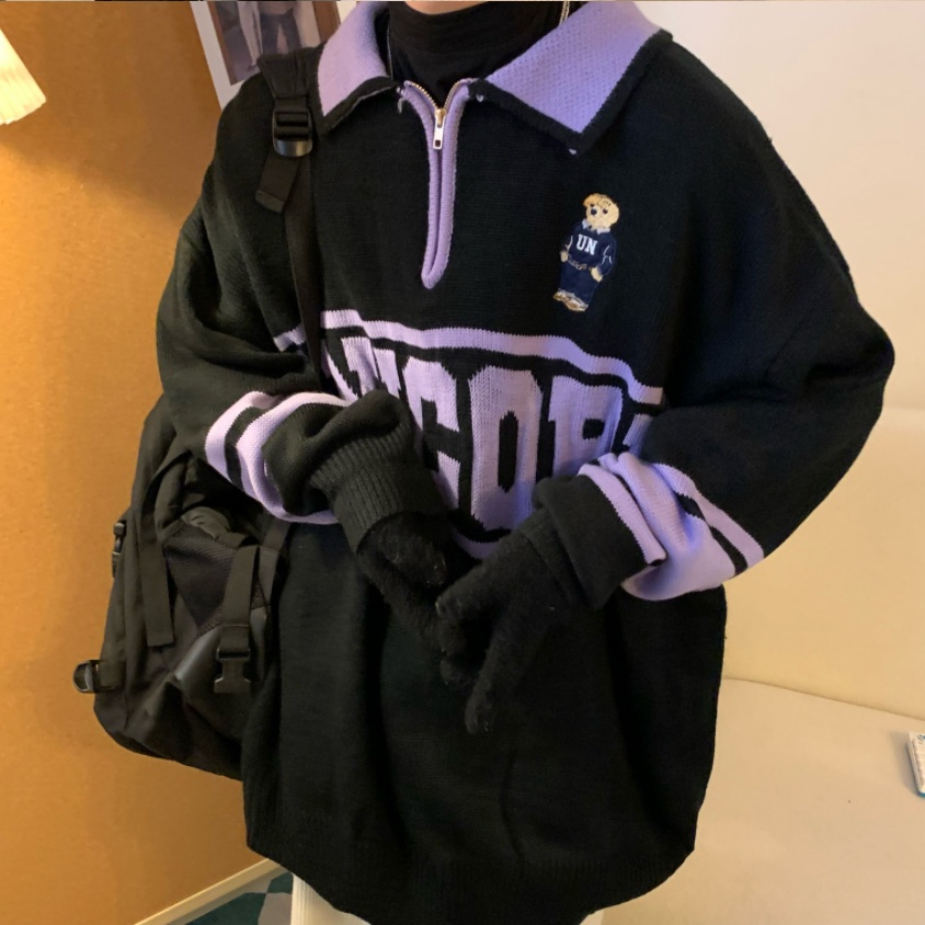 Áo thun polo dệt kim tay dài in chữ phong cách Hàn Quốc thời trang cho nam nữ áo len dệt kim Unisex có ve áo thời trang áo len dệt kim cặp đôi giản dị form rộng hàng đầu