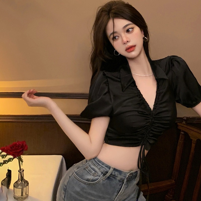 Áo Croptop Tay Ngắn Màu Sắc Trơn Phong Cách Hàn Quốc