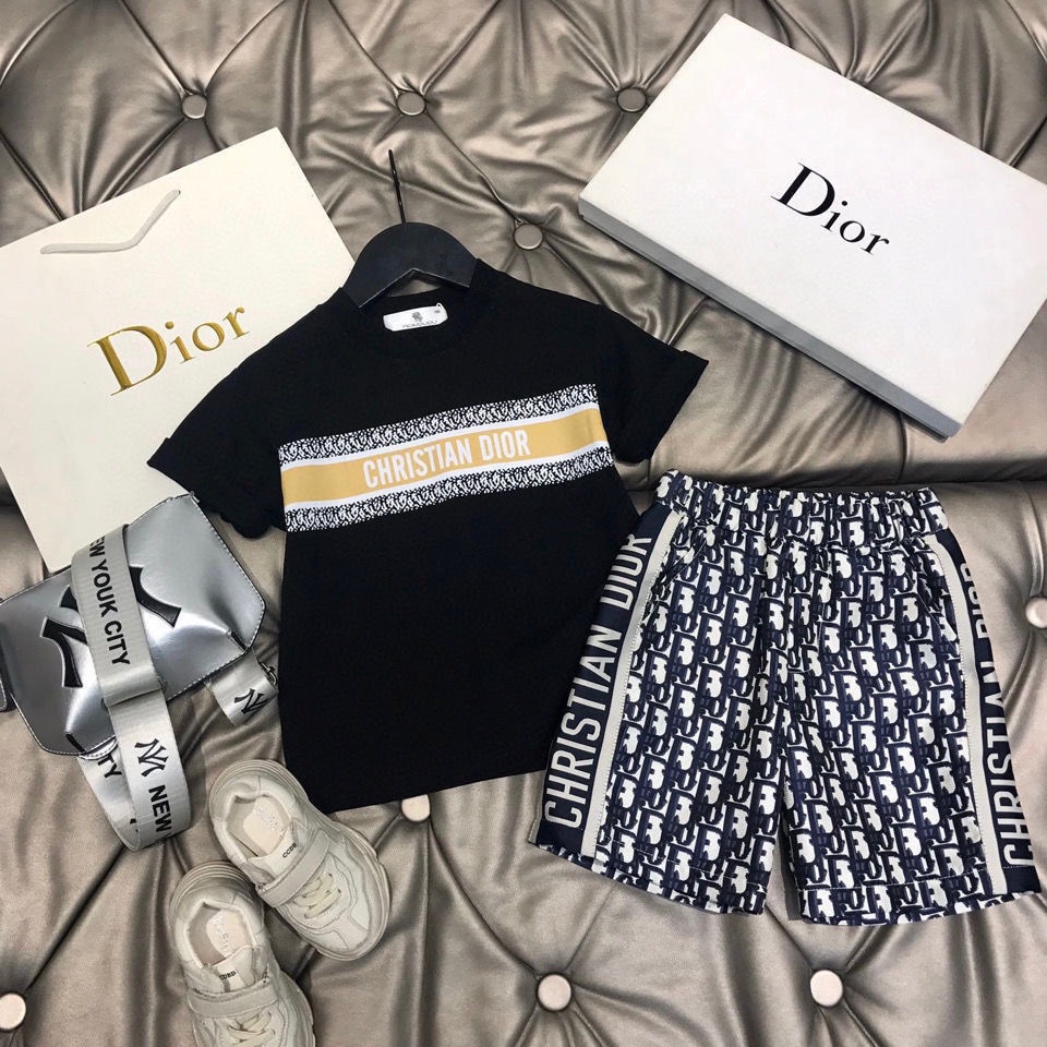Dior Bộ Áo Thun Cotton Ngắn Tay In Chữ + Quần Short Thời Trang Cho Bé