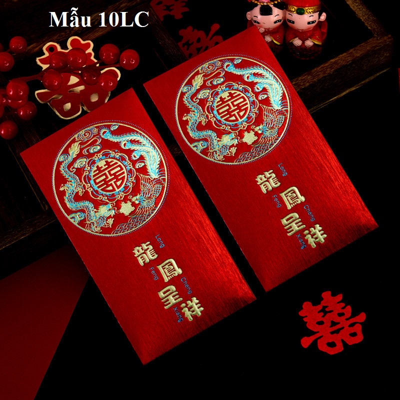 Bao lì xì Hỷ giấy cao cấp ánh kim in hình nổi 3D dùng trong bưng quả đám cưới