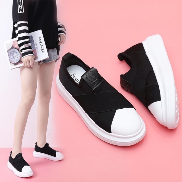 Giày mũi trắng trơn dáng slipon (freeship)