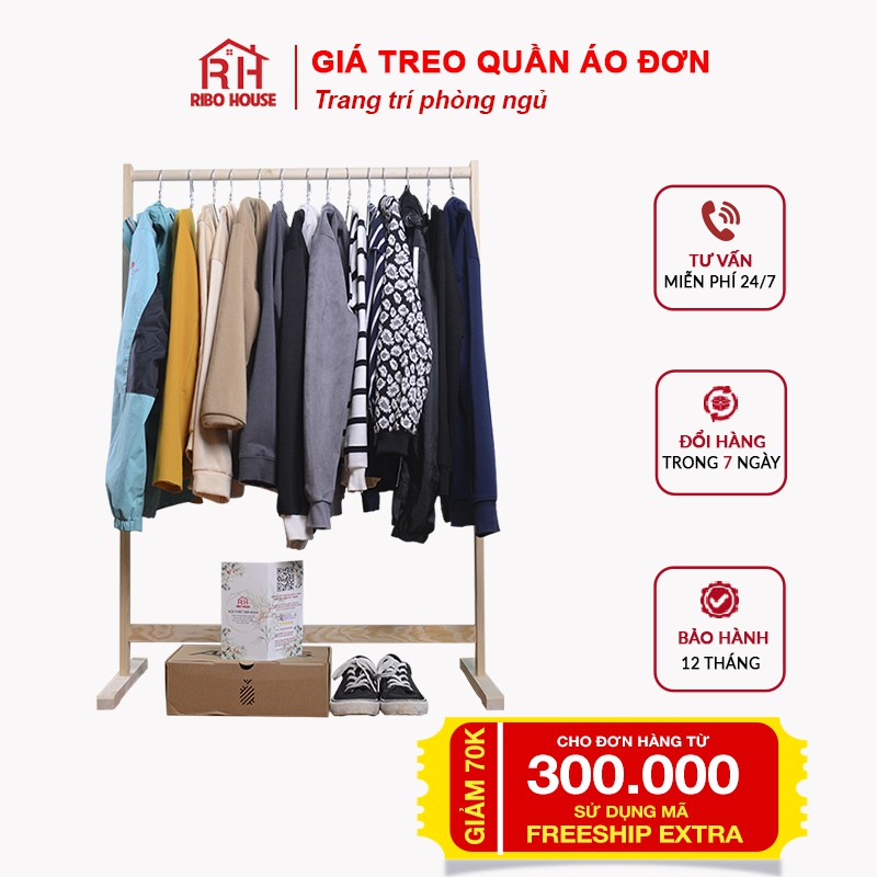 Giá treo quần áo RIBO HOUSE Single Hanger treo nhiều bộ quần áo gỗ tự nhiên nội thất phòng ngủ RIBO1