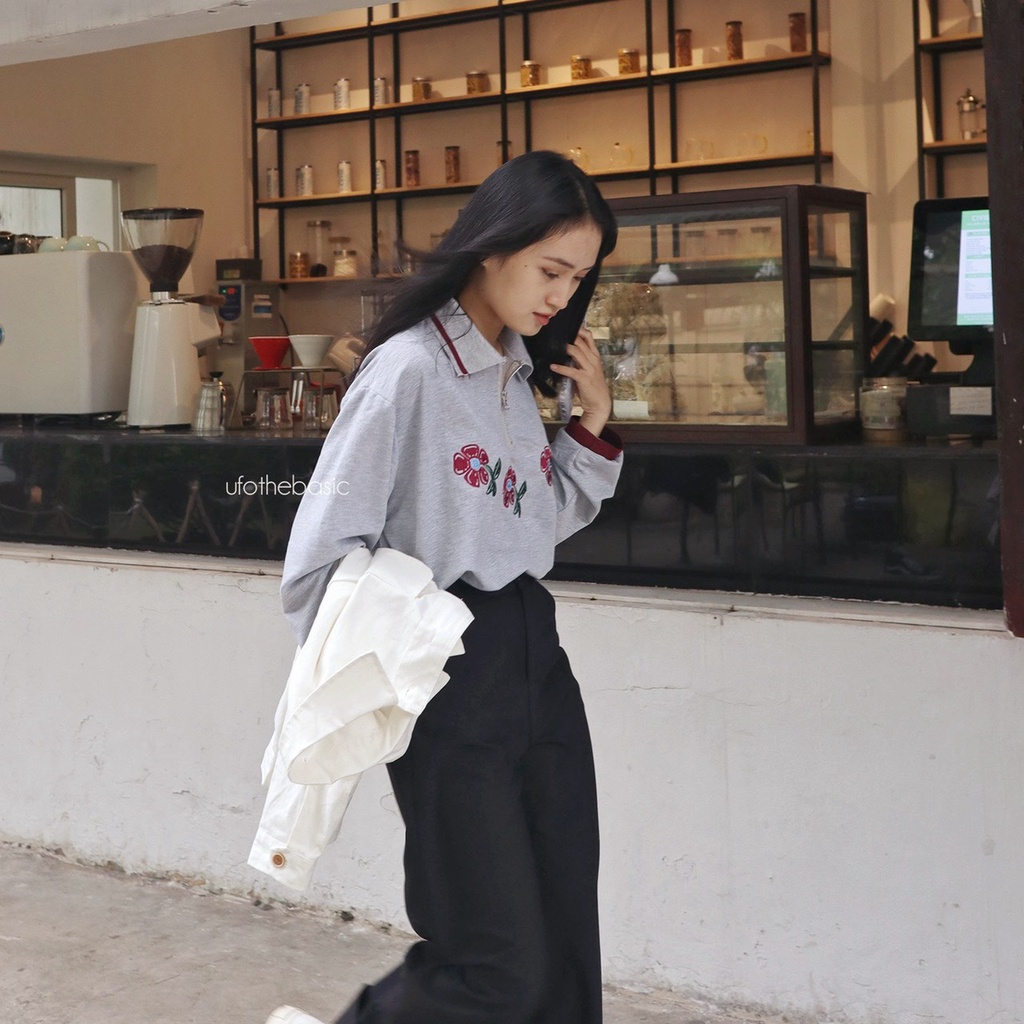 Áo polo dài tay nỉ da cá mỏng họa tiết thêu - &quot;picked by ufo&quot;