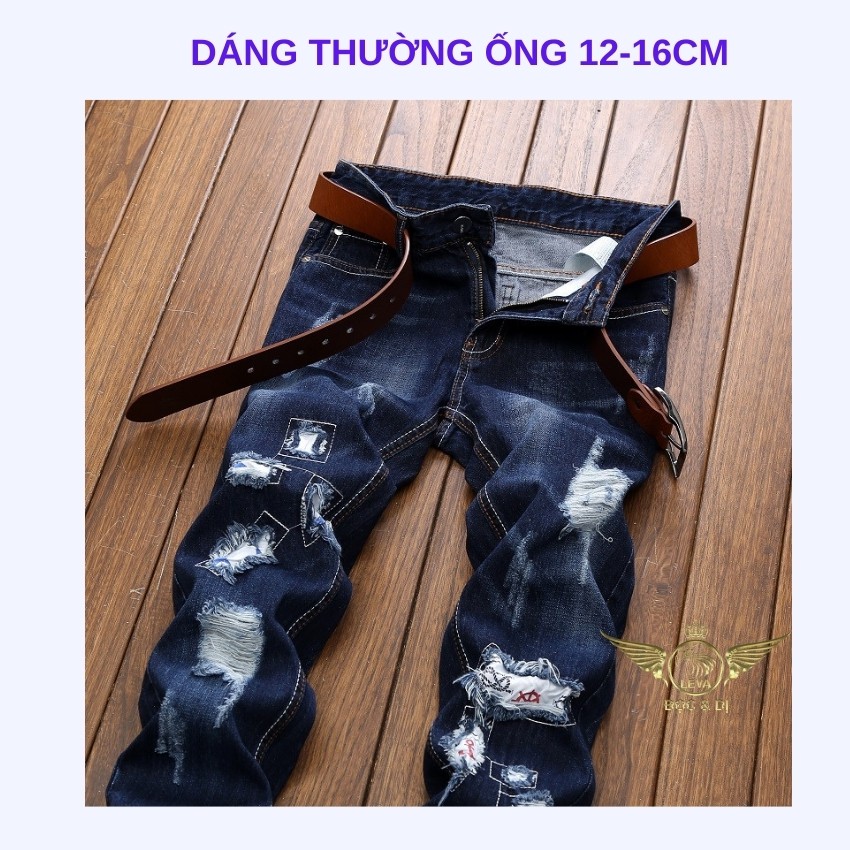 Quần jean rách đẹp ống suông độc lạ LEVAMEN chất liệu vải bò jeans co giãn nhẹ  vá gối độc đáo QJ063 | BigBuy360 - bigbuy360.vn