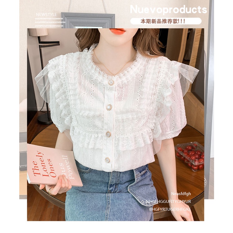 2022 summer new Korean lace round-collar hollowed-out shirt fashion lotus leaf edge to show thin short-sleeved shirt women