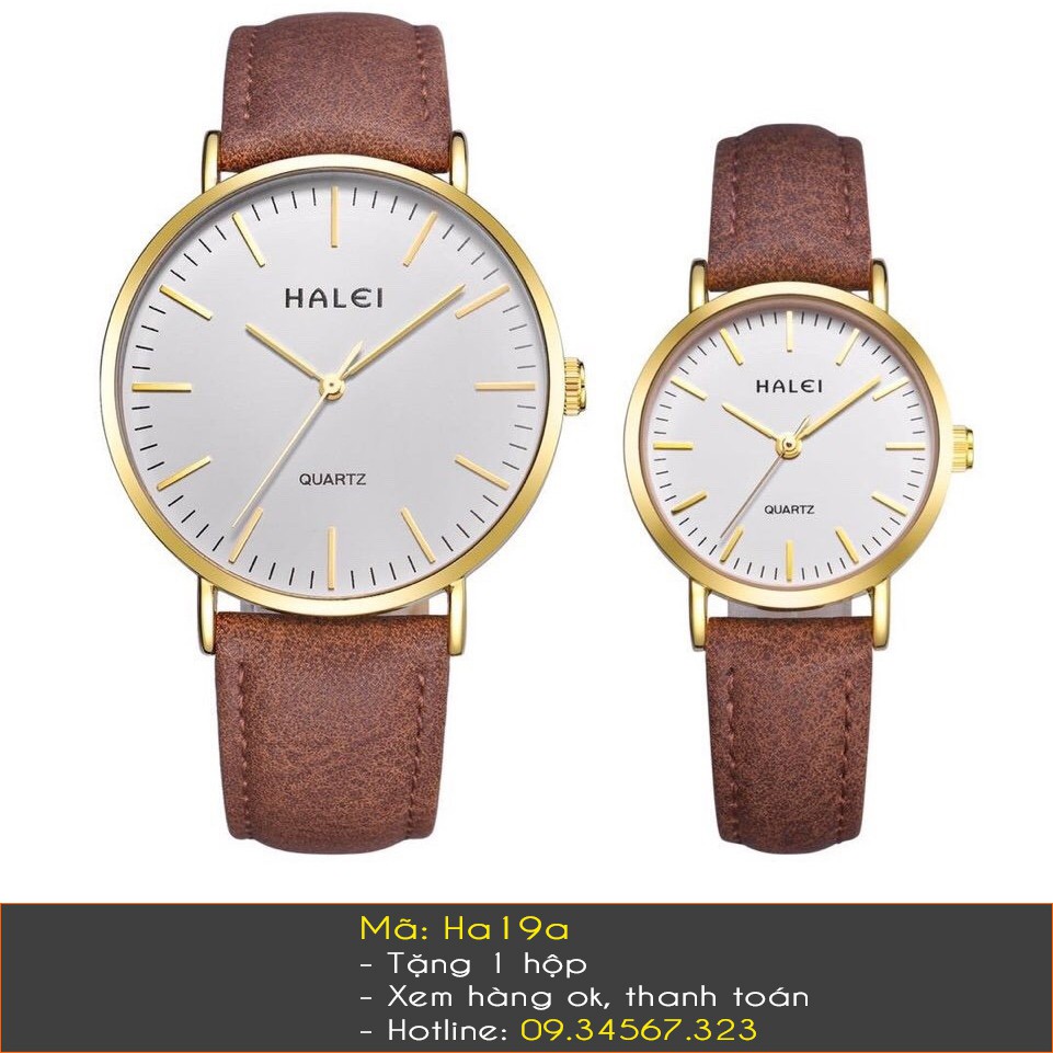 Đồng hồ đôi Halei nam nữ dây da mặt vạch Tặng Hộp Tặng 2 Pin Dự Phòng