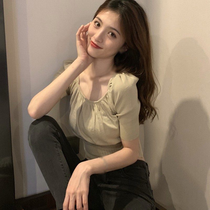 Áo Thun Nữ Ngắn Tay Cổ Vuông Thời Trang Hàn