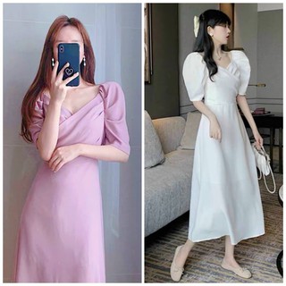 Đầm váy freesize tay phồng thắt eo 2 màu