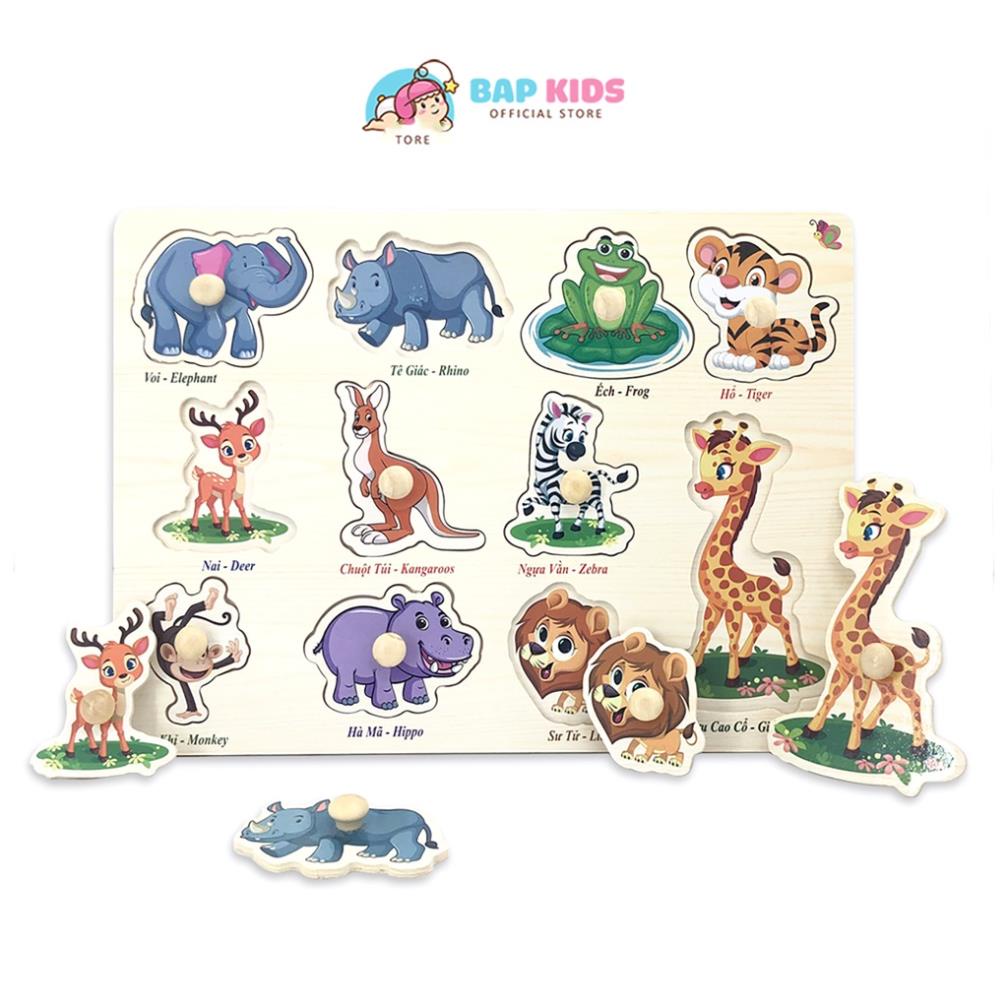 Đồ Chơi BAPKIDS,  Bảng Ghép Hình Núm Gỗ Nhiều Chủ Đề