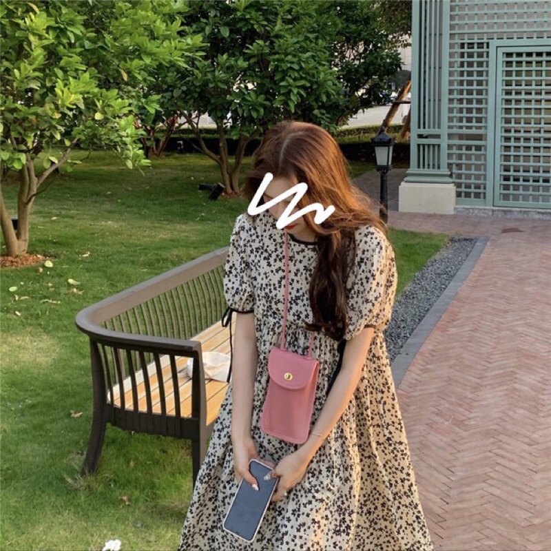 Váy xuông dài hoa nhí tay bồng thắt nơ phong cách ulzzang hàn quốc đáng yêu dễ thương
