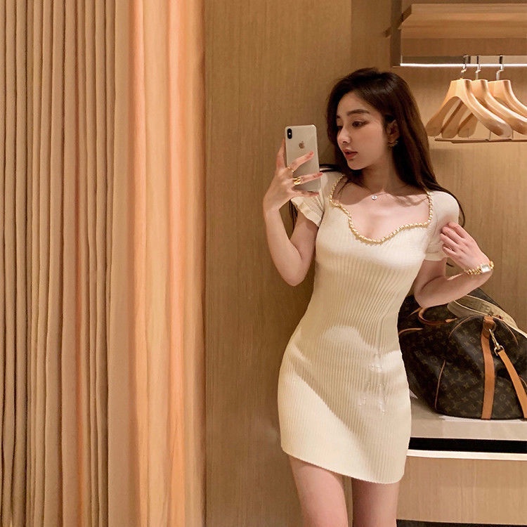 Jiashucheng Đầm Dệt Kim Mỏng Tay Ngắn Dáng Ôm Thời Trang Mùa Hè Pháp Ngọt Ngào Quyến Rũ Dành Cho Nữ