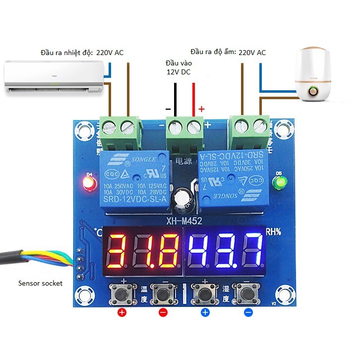 [Mã ELHA22 giảm 5% đơn 300K] Denshitaro Mạch cảm biến nhiệt độ và độ ẩm XH-M452 Relay 12VDC LED có kèm cảm biến D00-167