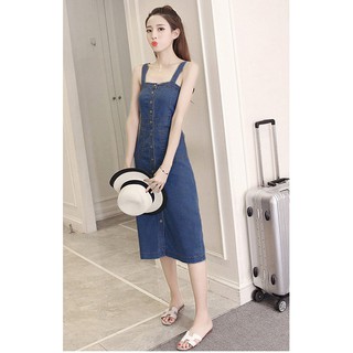 Đầm Yếm Jean Nữ Form Dài Nút Cài Dọc