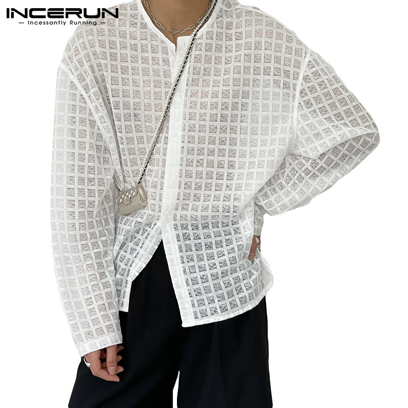 Áo chống nắng INCERUN vải lưới họa tiết caro trong suốt dài tay thời trang thường ngày dành cho nam