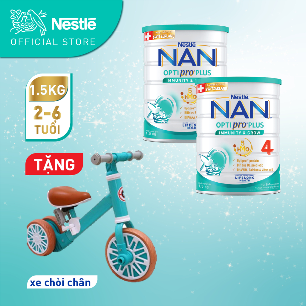 [Tặng Xe Chòi Chân] Bộ 2 lon Sữa bột Nestlé NAN OPTIPRO PLUS 4 1500g/lon với 5HMO Giúp tiêu hóa tốt