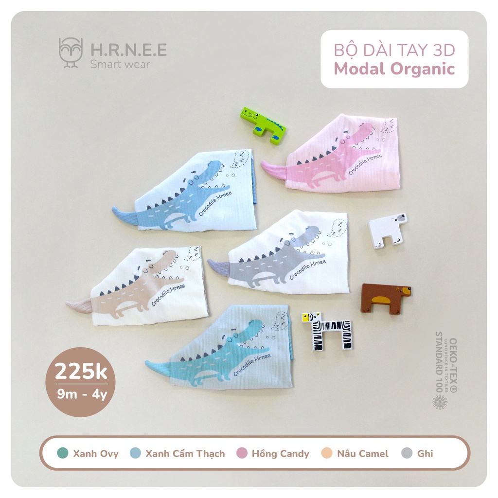[CHÍNH HÃNG] Bộ quần áo dài tay 3D Modal Organic họa tiết trẻ em Hrnee