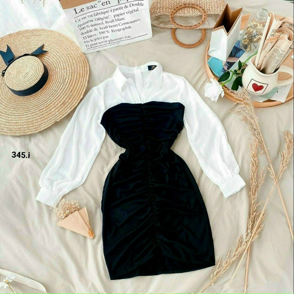 Đầm Body Phối Sơ Mi Phói 2 Màu Trắng Đen