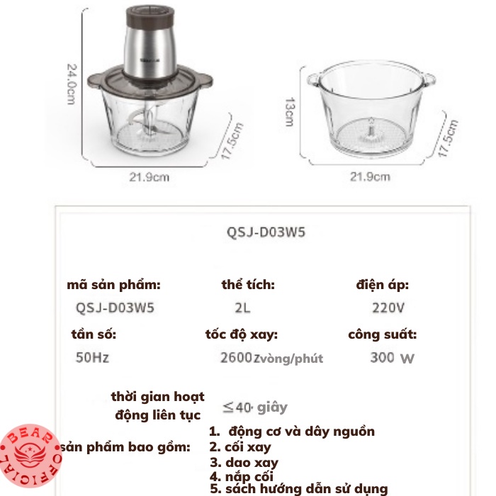 Máy xay thịt thực phẩm tỏi ớt, chả cá, sinh tố mini đa năng Cao Cấp 2L Bear QSJ-D03W5, CS 300W, Bảo hành 12 tháng