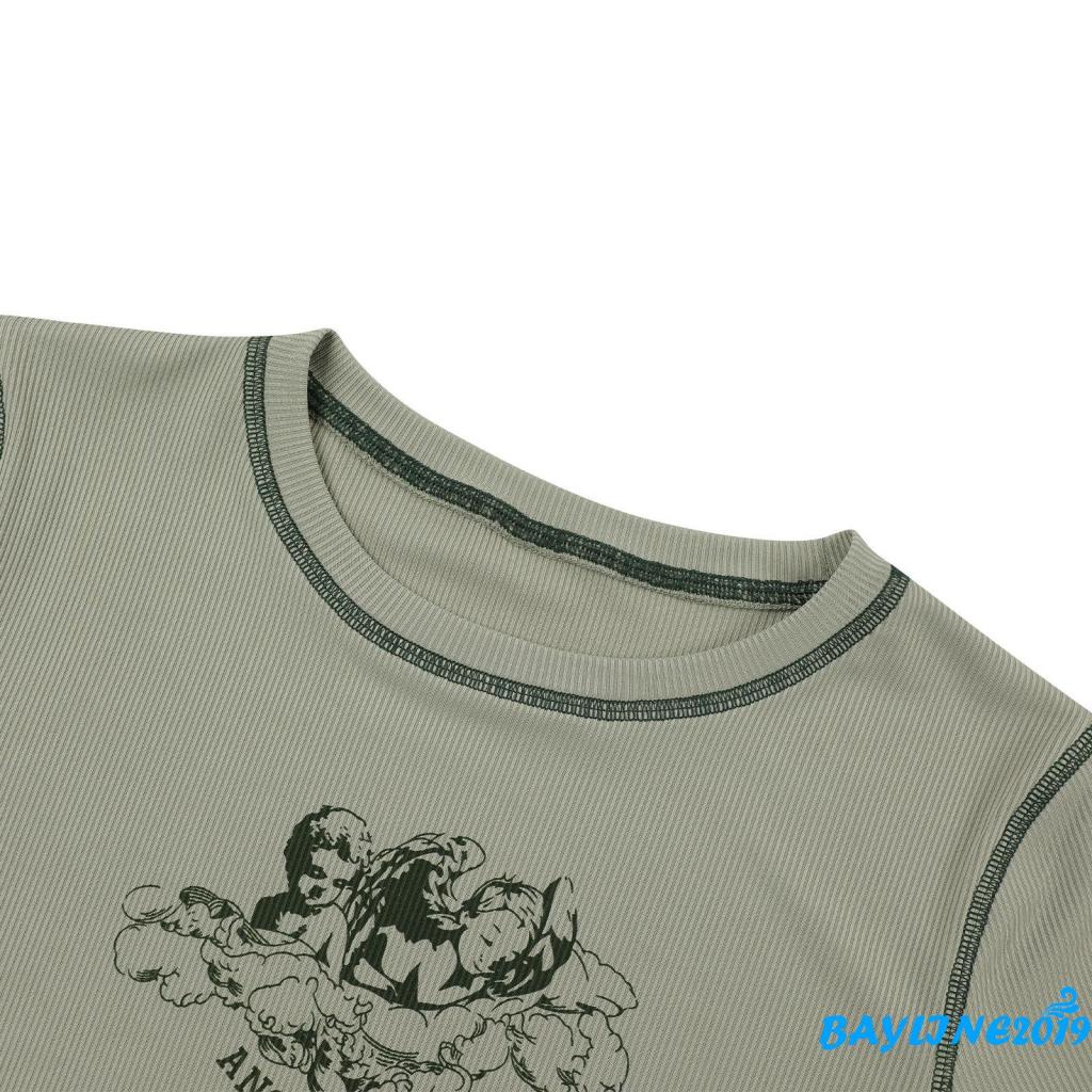 Áo Thun Croptop Cổ Tròn Tay Ngắn In Hình Thiên Thần Nhỏ Dành Cho Nữ