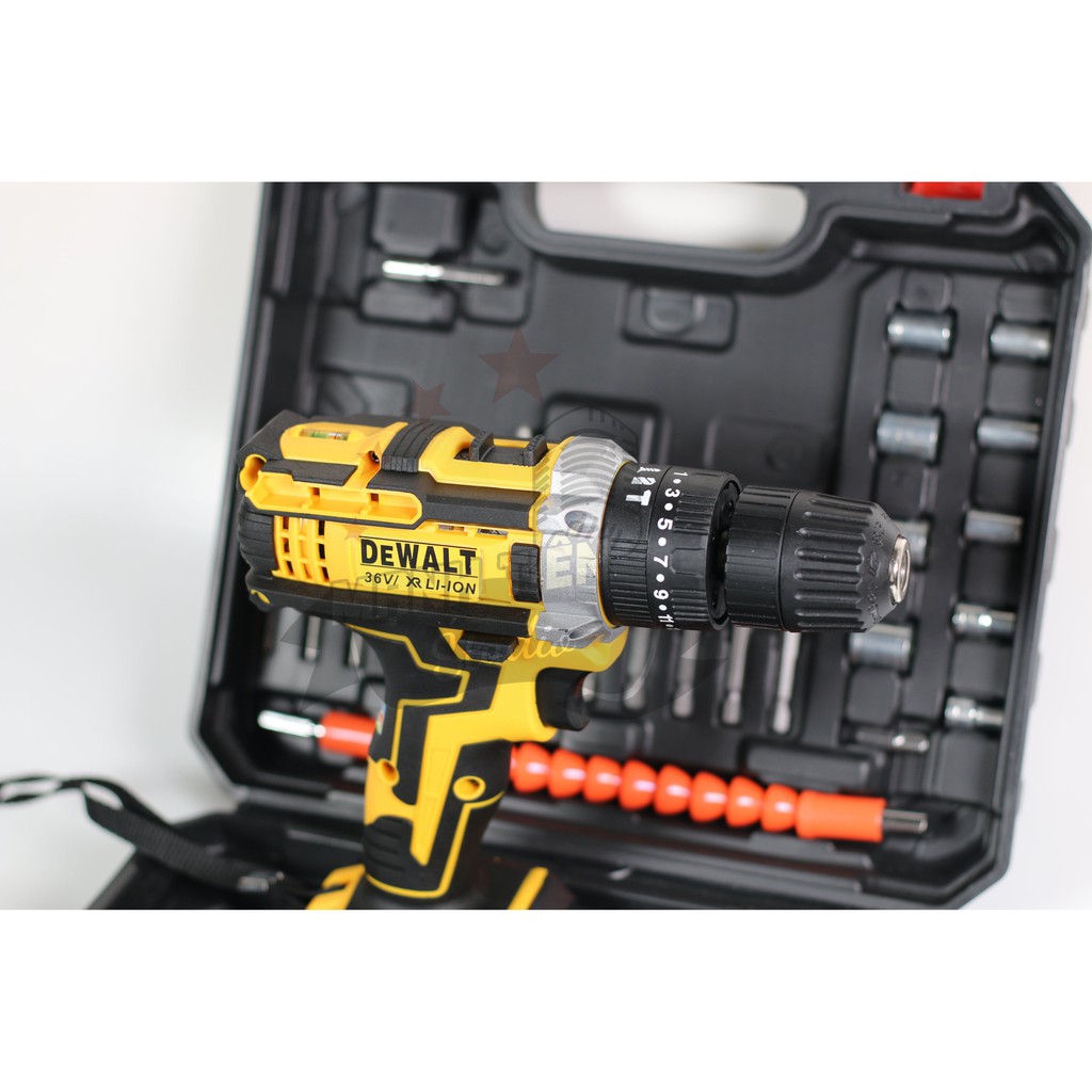 Máy khoan 2 pin 36V DEWALT 3 chức năng có búa - Tặng kèm 24 chi tiết gồm các mũi khoan + Mũi bắt vít bảo hành 12 tháng