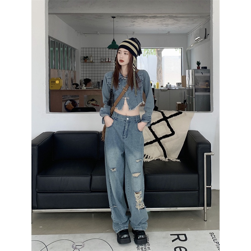 Set Áo Khoác Denim Tay Dài + Quần Jeans Rách Lưng Cao Ống Rộng Phong Cách Hong Kong