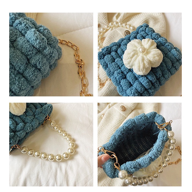 [Có Video Hướng Dẫn] Túi Handmade,Túi DIY Len Tự Đan Hình Hoa 5 Cánh Đính Ngọc Ở Giữa Xinh Xắn