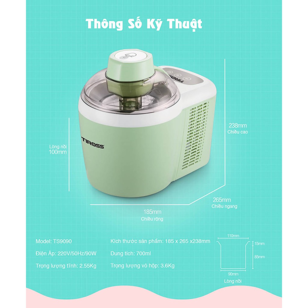 Máy làm kem tươi gia đình Tiross TS 9090 bảo hành 12 tháng