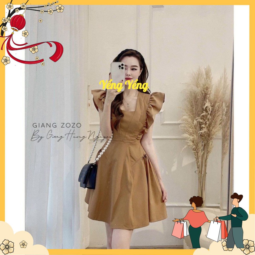 [Mã SKAMA06 giảm 8% tối đa 50K đơn 250K] VNU324 - VÁY NÂU XOÈ CỔ VUÔNG TAY CÁNH TIÊN