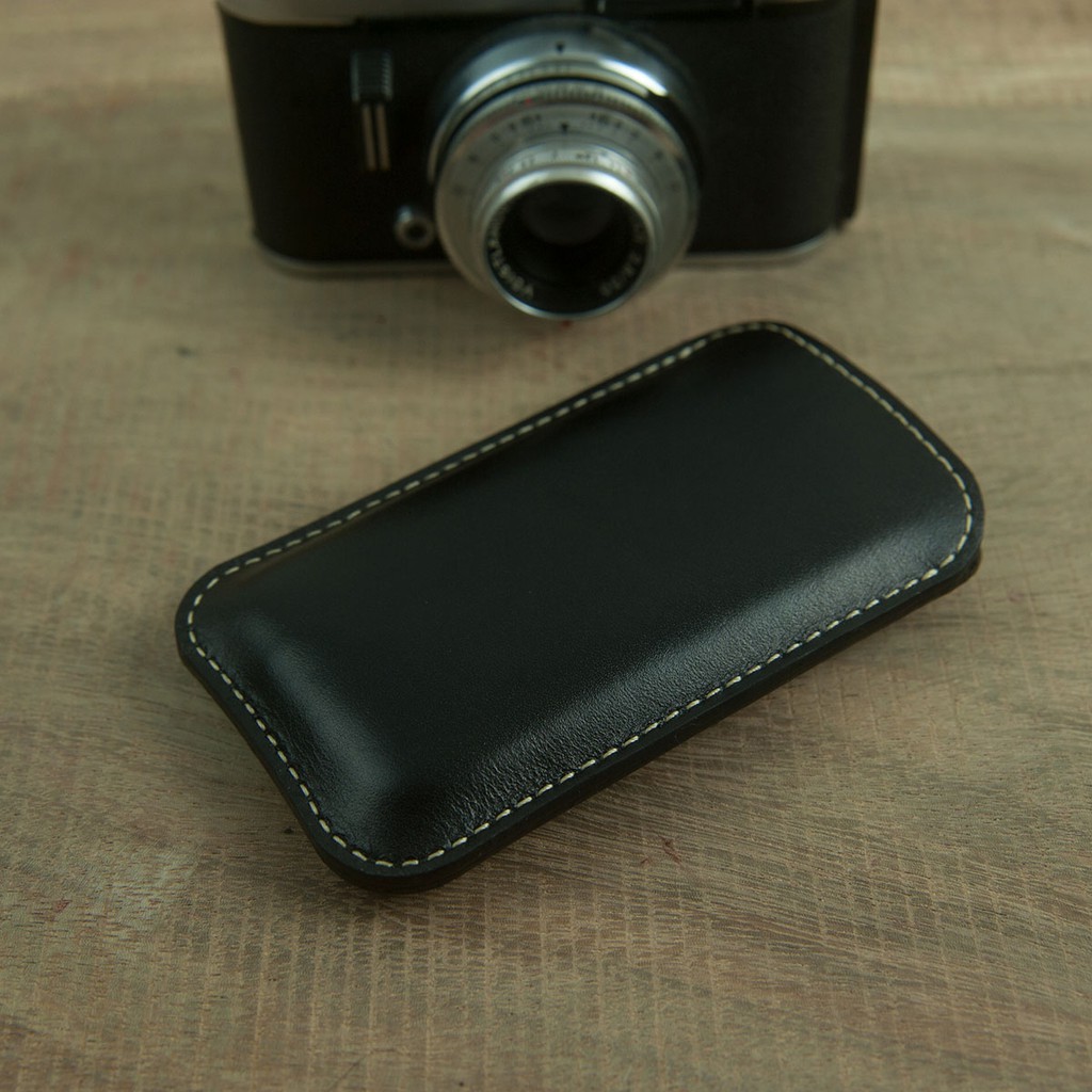 Bao điện thoại E72 - da bò thật - màu đen - handmade MC179