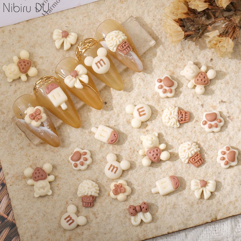 Set 50 Phụ Kiện Trang Trí Móng Nghệ Thuật Hình Móng Vuốt Gấu Mèo Chuột Mickey Kem Nơ Sơn Màu