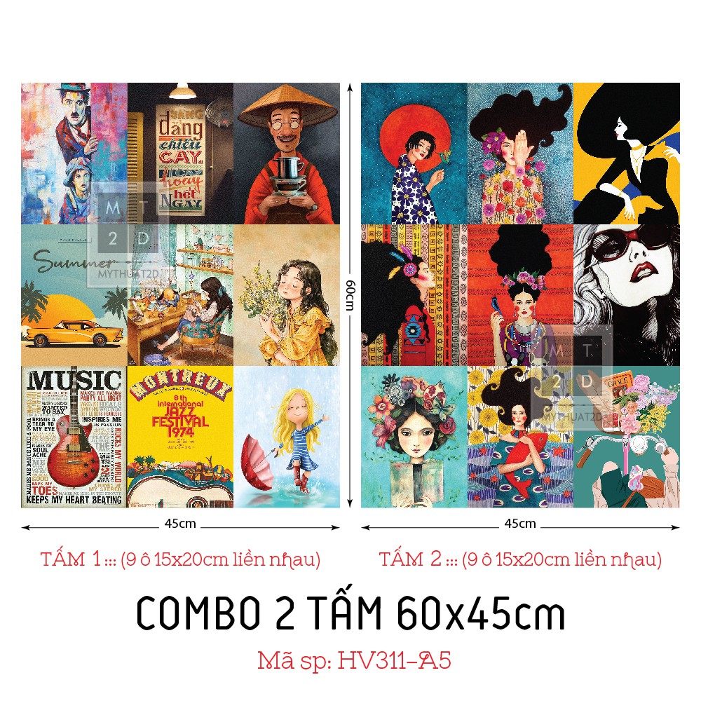 COMBO 2 TẤM DECAL TRANG TRÍ VINTAGE - RETRO, KT: 60x45cm x 2 tấm