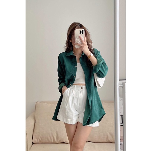 Áo sơ mi nhung tăm khoác ngoài dáng rộng oversize - Áo sơ mi nhung khoác ngoài phong cách Hàn Quốc Pea Store