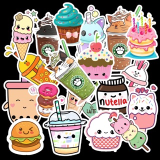 Sét 30 Sticker ép lụa hình cốc trà sữa , hình bánh , hình gấu , hình kem dễ thương