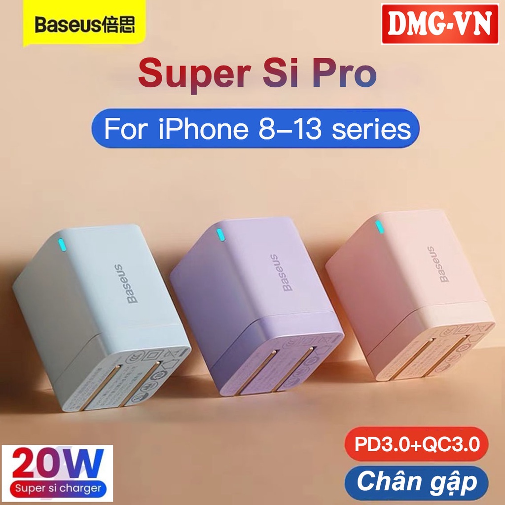 Củ Sạc Nhanh Baseus 20W Super Si Pro (Chân gập) PD3.0+QC3.0, Combo(Cáp+Củ),Cho iPhone 13 Pro Max 12 11 Xs X 8P 8 iPad Va