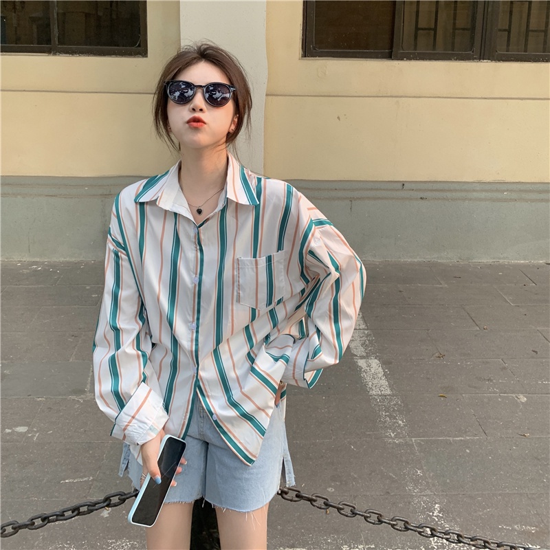 Áo sơ mi tay dài dáng rộng họa tiết kẻ sọc cá tính trẻ trung hợp thời trang dành cho nữ