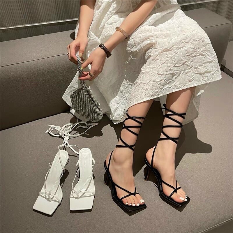 Dép cao gót buộc dây ,dép thời trang 2 màu đen ,trắng