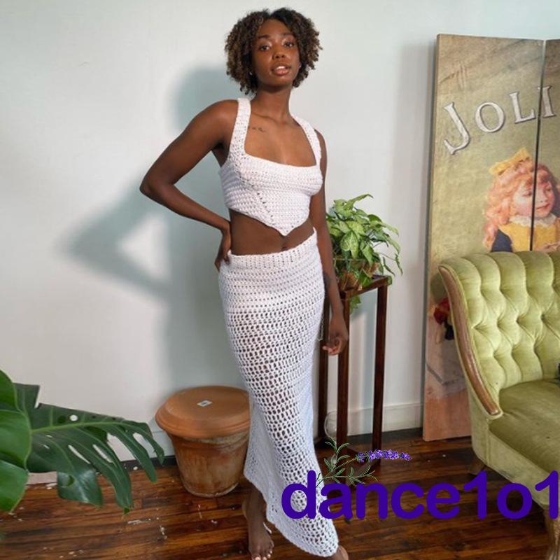 dance1o1-Bộ áo lửng hai dây và chân váy dài dệt kim cho nữ