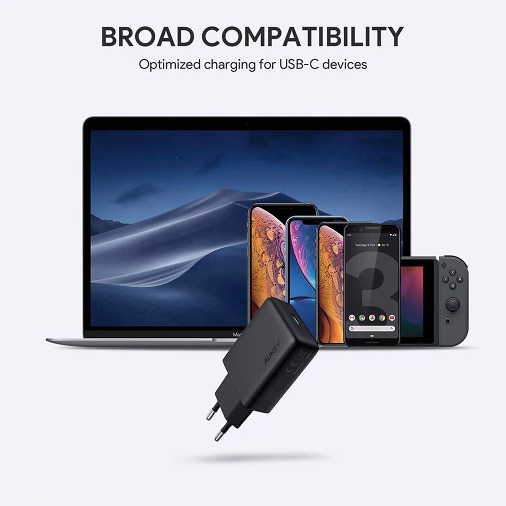 Cốc Sạc Aukey USB-C Sạc Nhanh Power Delivery PD 30W Hỗ Trợ Sạc Laptop [Chân Tròn] PA-Y21