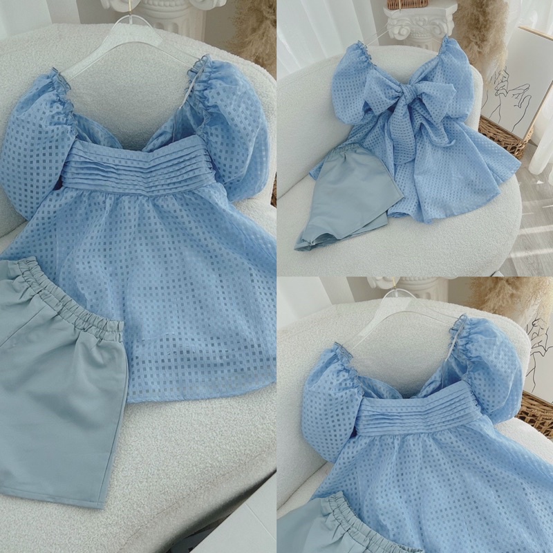 Set áo babydoll bbd kẻ ô tay bồng nơ lưng với quần ngắn