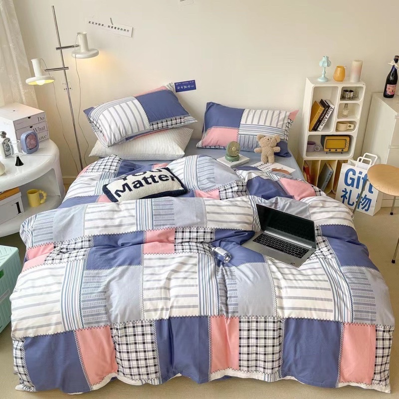 Bộ chăn ga Cotton Living Nhập Khẩu 100% cao cấp - Họa tiết kẻ
