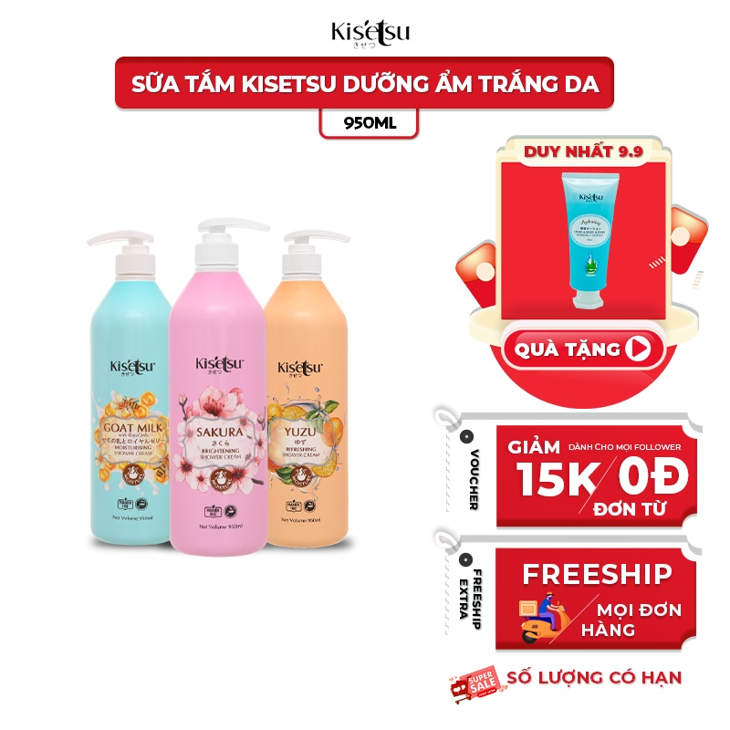 Sữa Tắm Dưỡng Ẩm Trắng Da Kisetsu Sữa Tắm Chống Lão Hóa 950ml (Anh Đào, Hồng, LiLy, Aloe Vera, Sữa Dê Ong Chúa, YuZu)