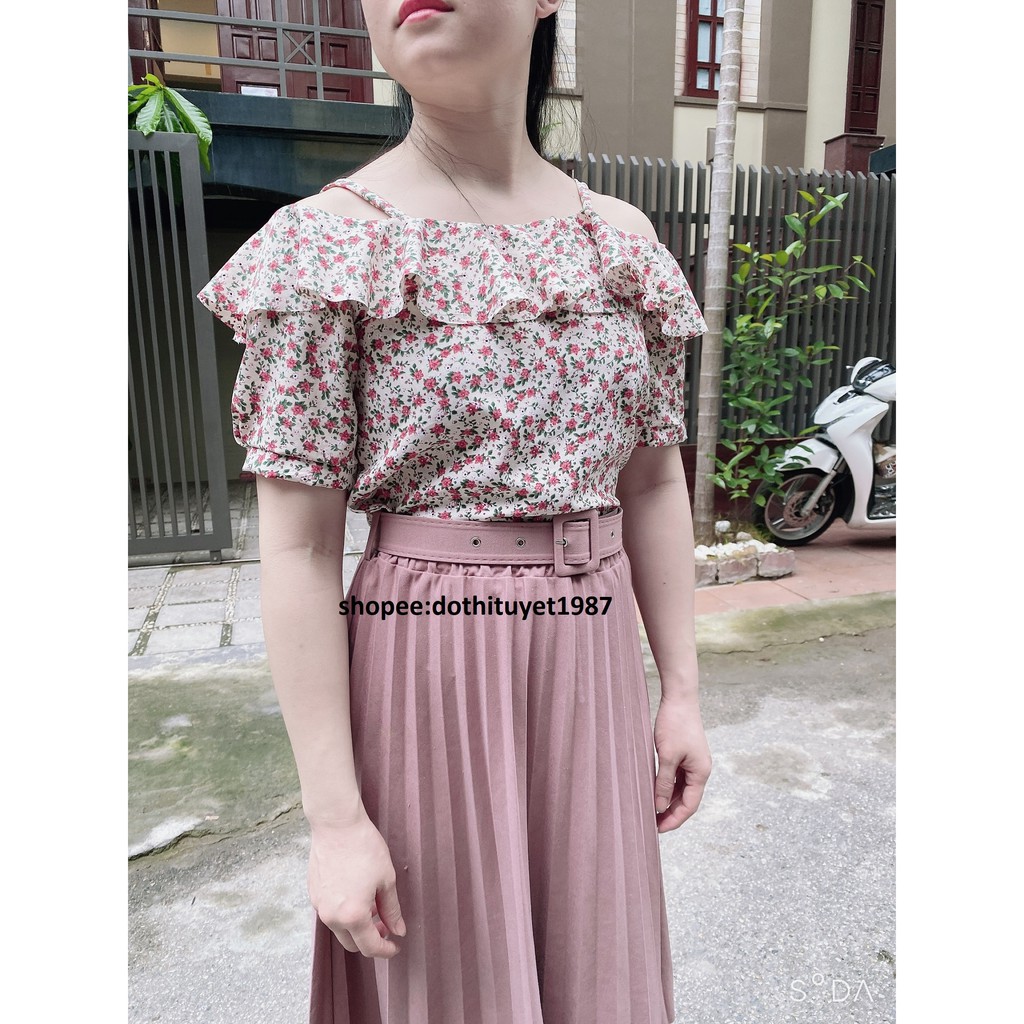 (ảnh thật) Áo kiểu hở vai hoa nhí lụa thời trang nữ dạo phố cao cấp mã A01