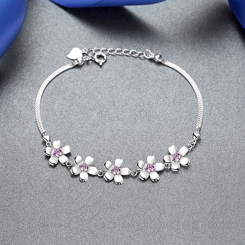 Mới 925 Mạ Bạc Trang Sức Hoa Anh Đào Vòng Tay Dát Hồng Kim Cương