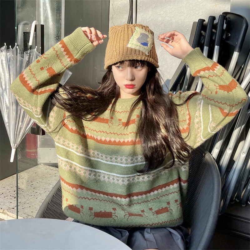 Áo Sweater Dệt Kim Tay Dài Dáng Rộng Kẻ Sọc Màu Xanh Lá Thời Trang Thu Đông Mới Cho Nữ