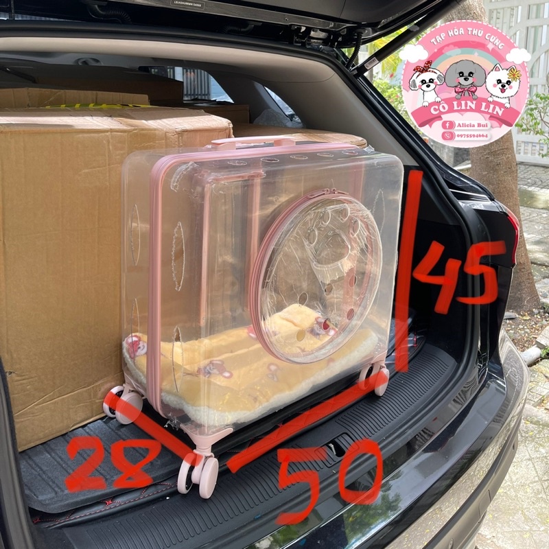 Vali vuông đại trong suốt cho thú cưng có cửa tròn 50*45*28cm