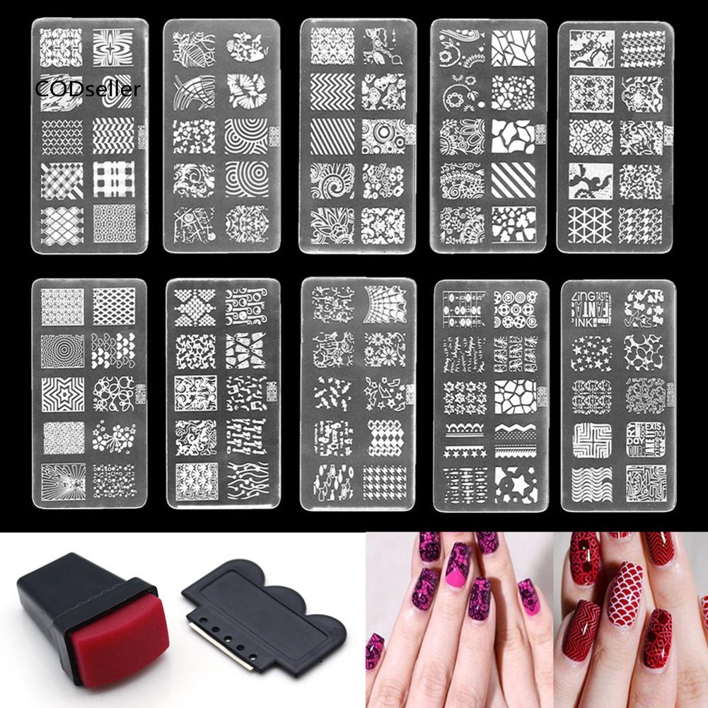 Bộ tấm khuôn + con dấu + dụng cụ miết lấy sơn thừa dùng để trang trí móng nghệ thuật
